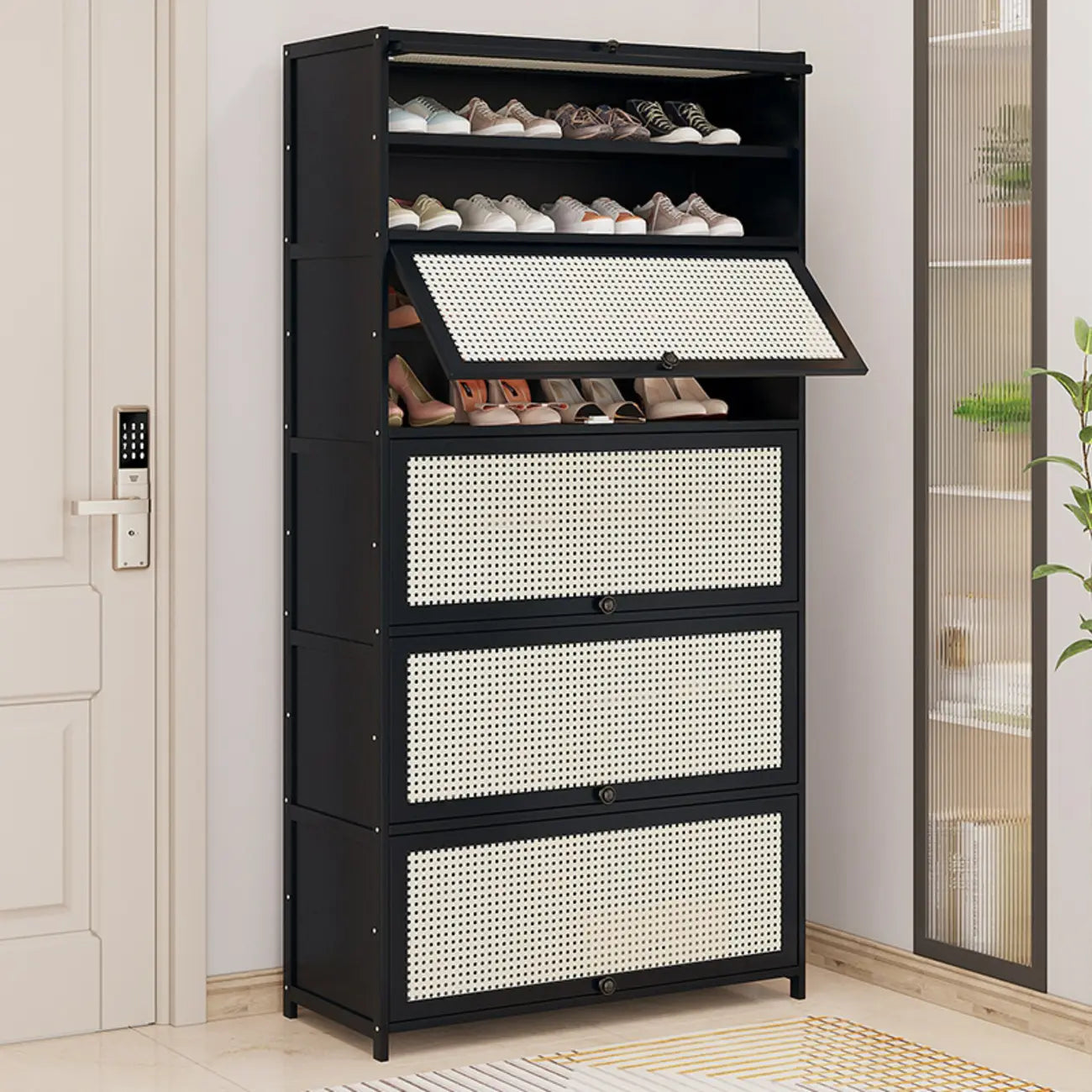 Meuble à chaussures moderne en bambou noir avec panneaux en rotin