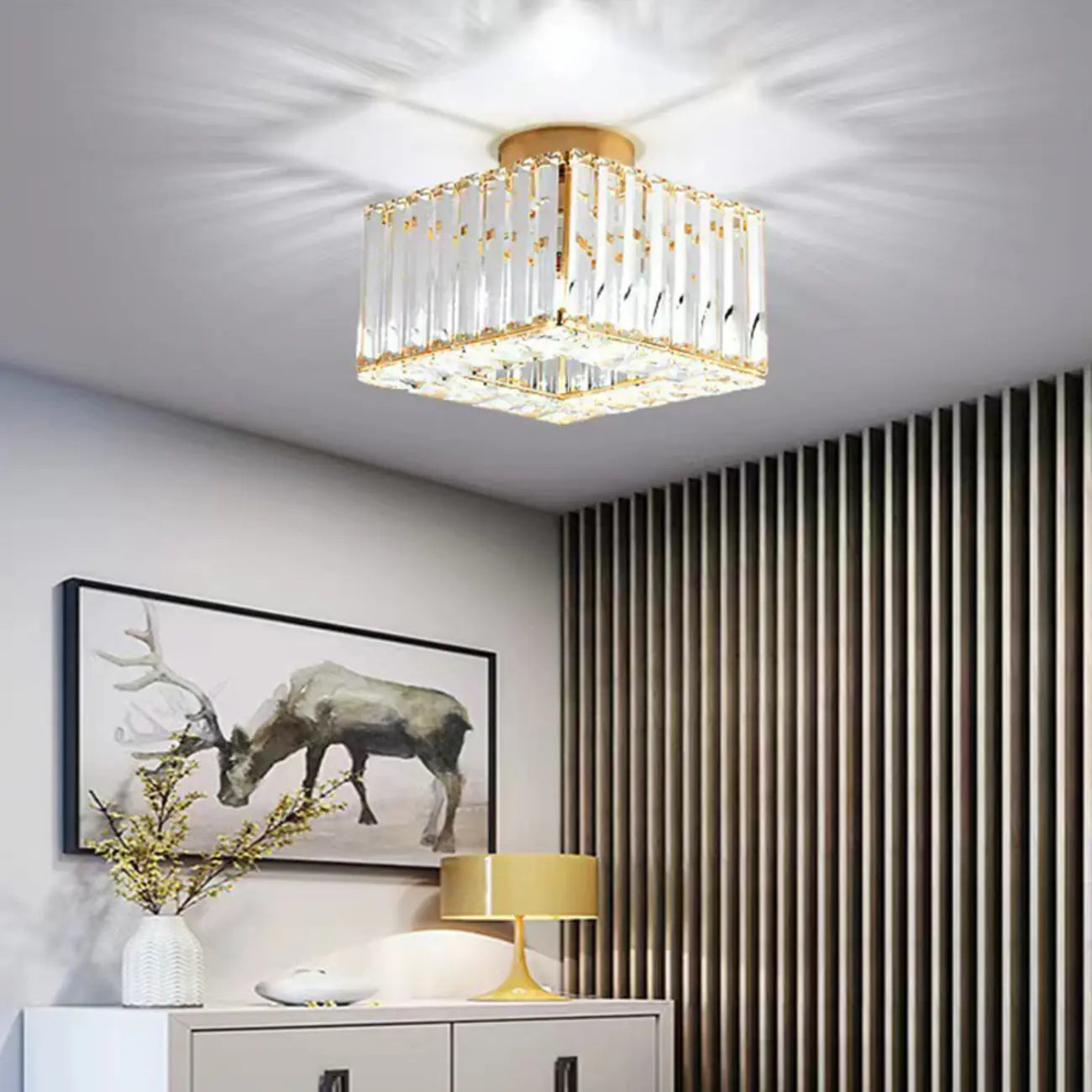 Plafonnier semi-encastré carré en cristal doré moderne
