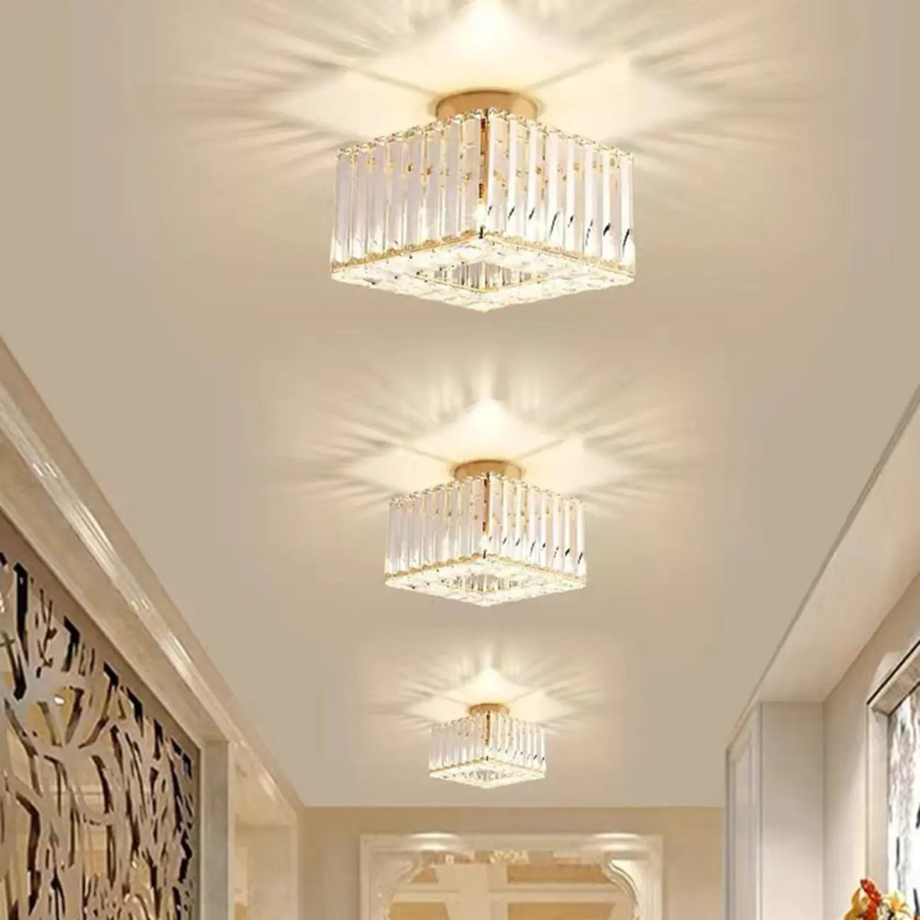Plafonnier semi-encastré carré en cristal doré moderne