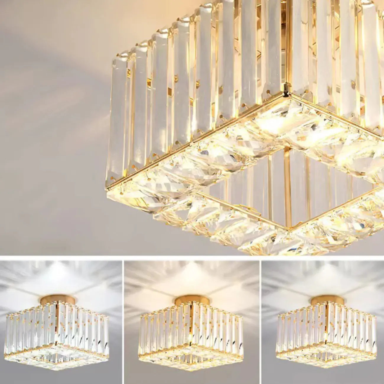 Plafonnier semi-encastré carré en cristal doré moderne