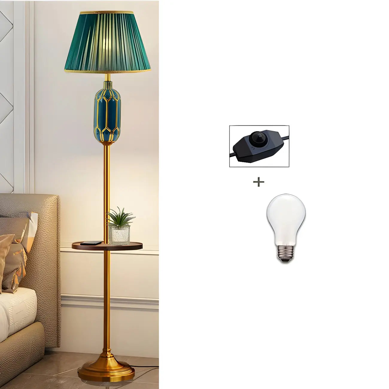 Lampadaire vertical luxueux en tissu vert plissé avec étagère