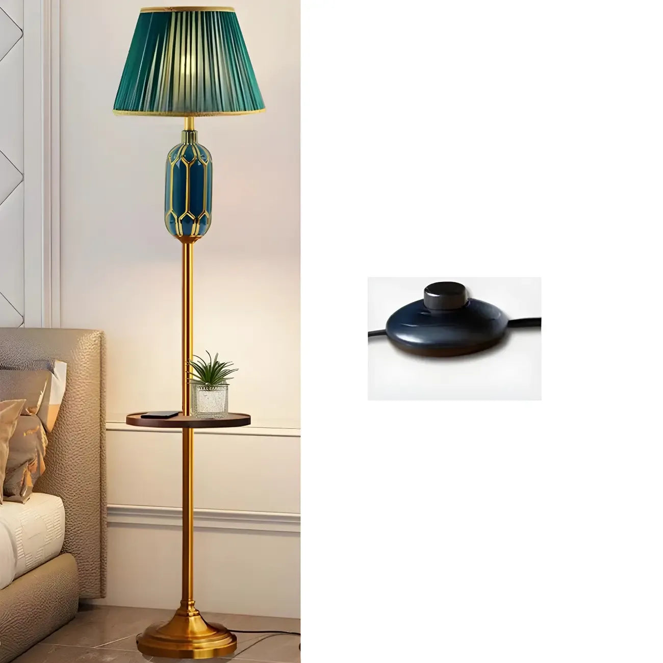 Lampadaire vertical luxueux en tissu vert plissé avec étagère