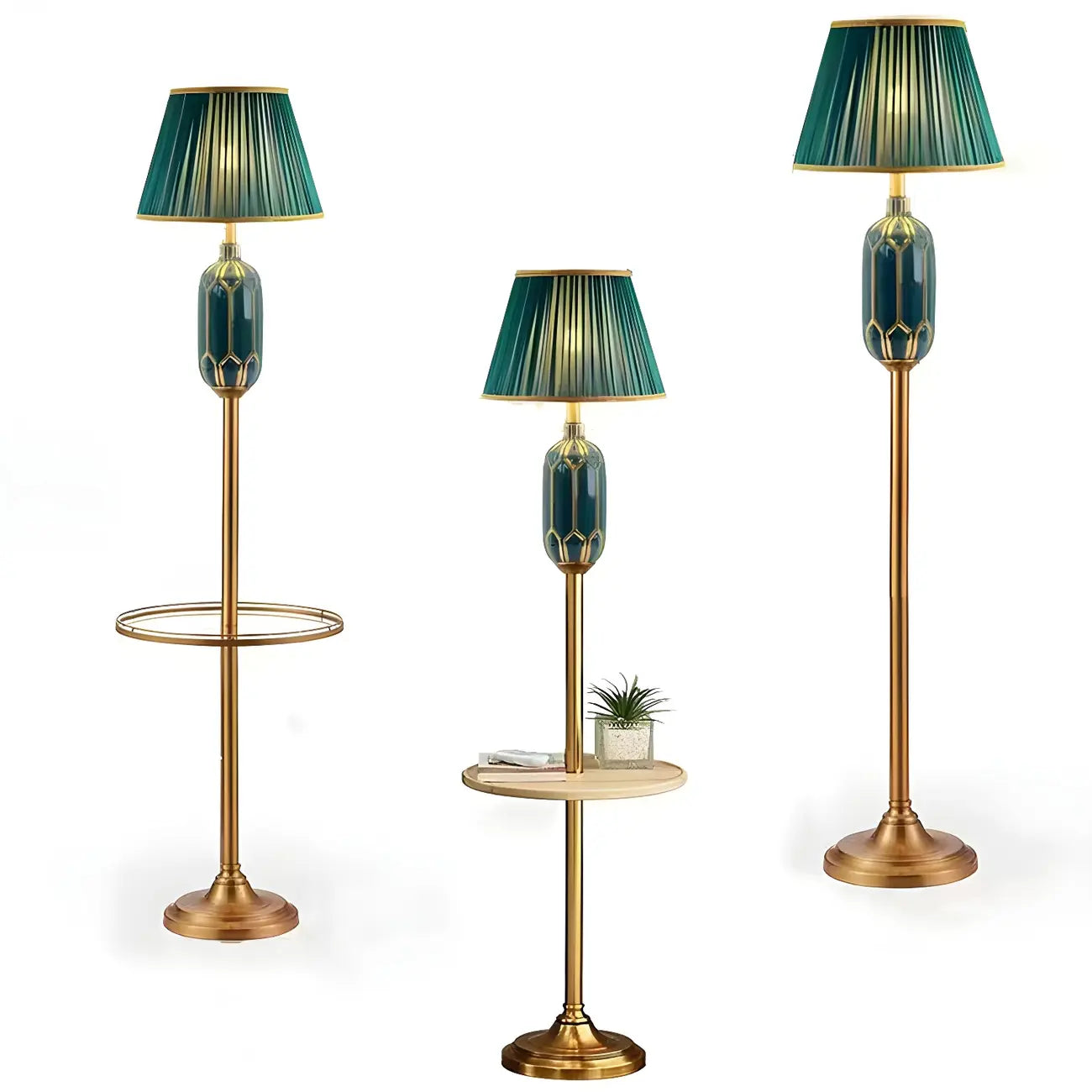 Lampadaire vertical luxueux en tissu vert plissé avec étagère