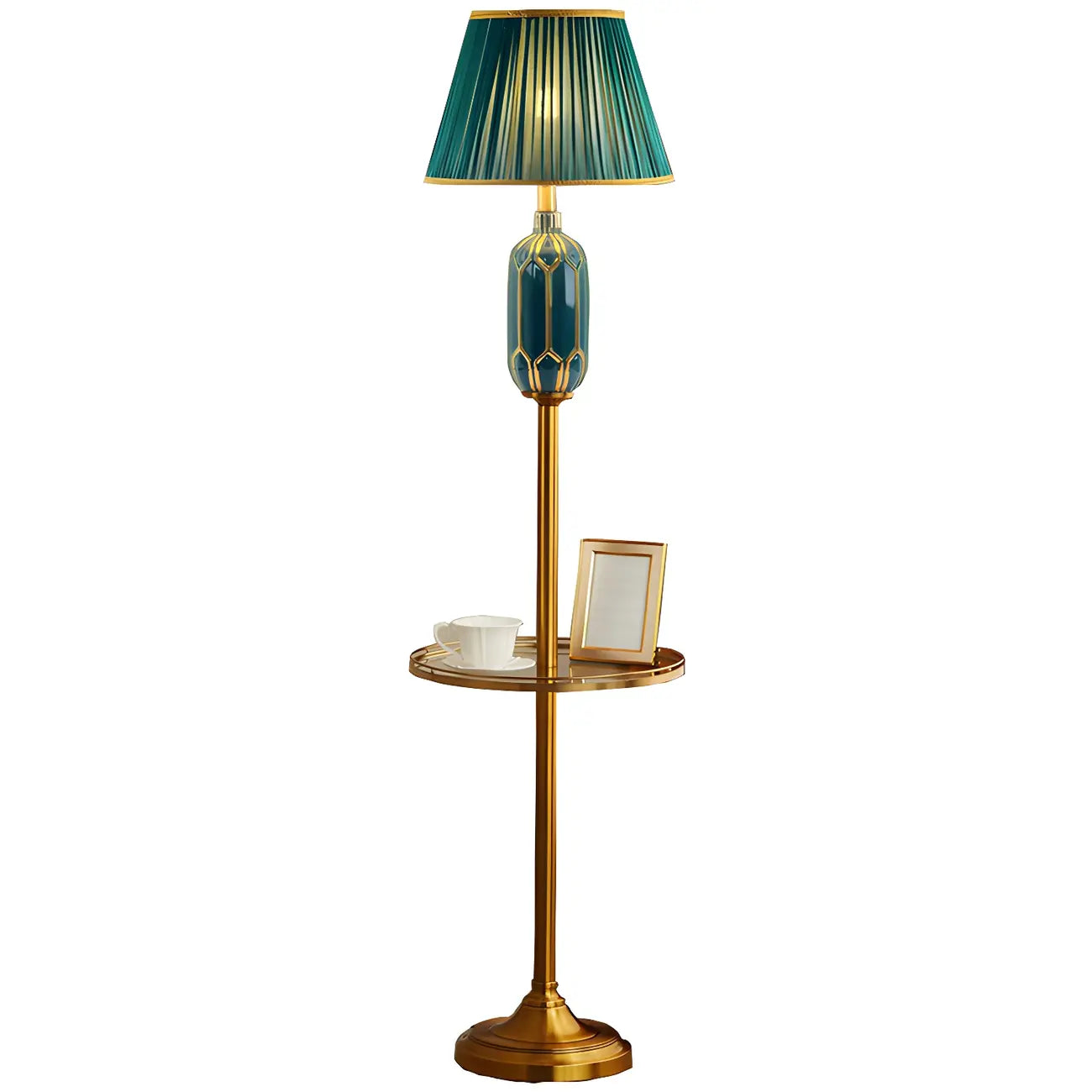 Lampadaire vertical luxueux en tissu vert plissé avec étagère