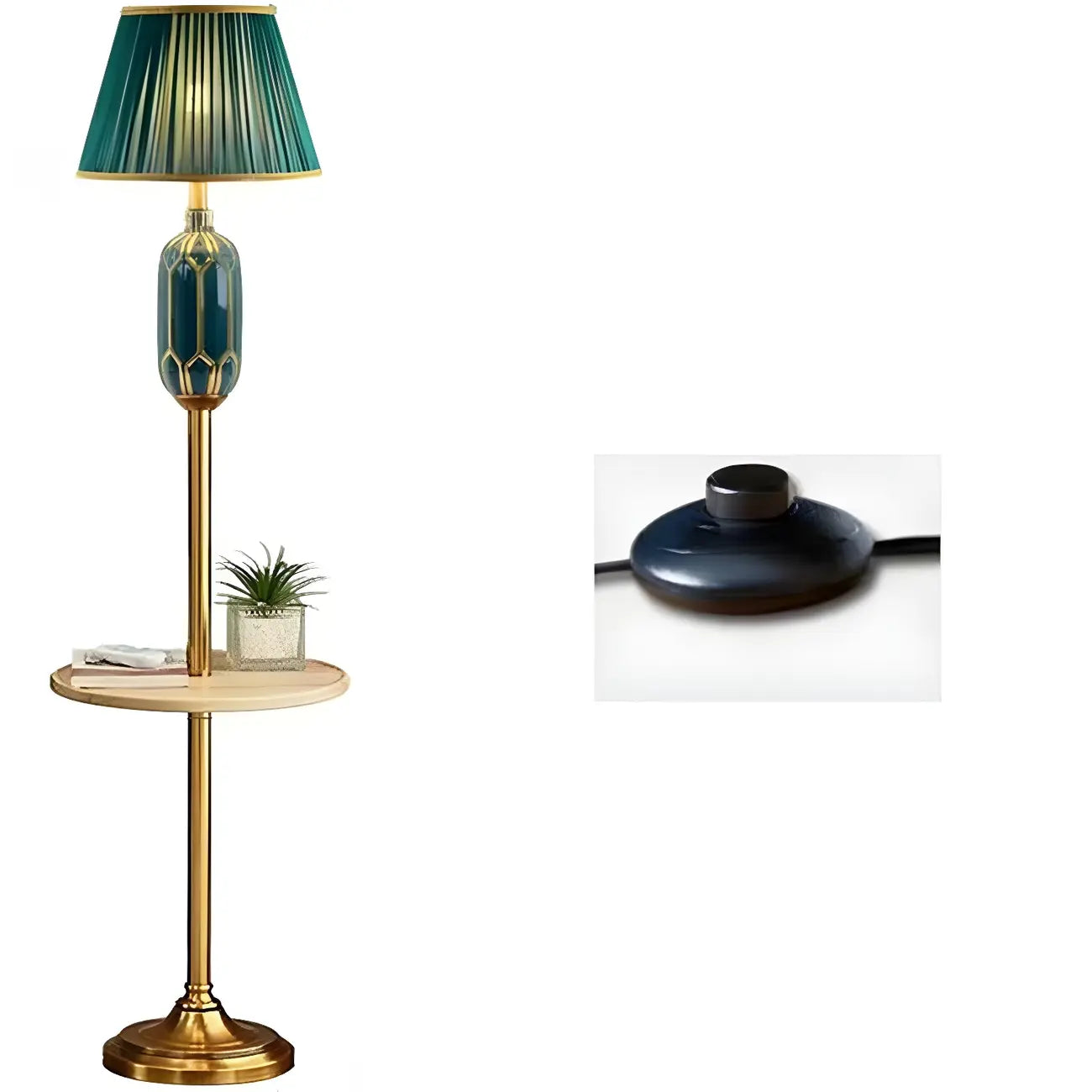 Lampadaire vertical luxueux en tissu vert plissé avec étagère