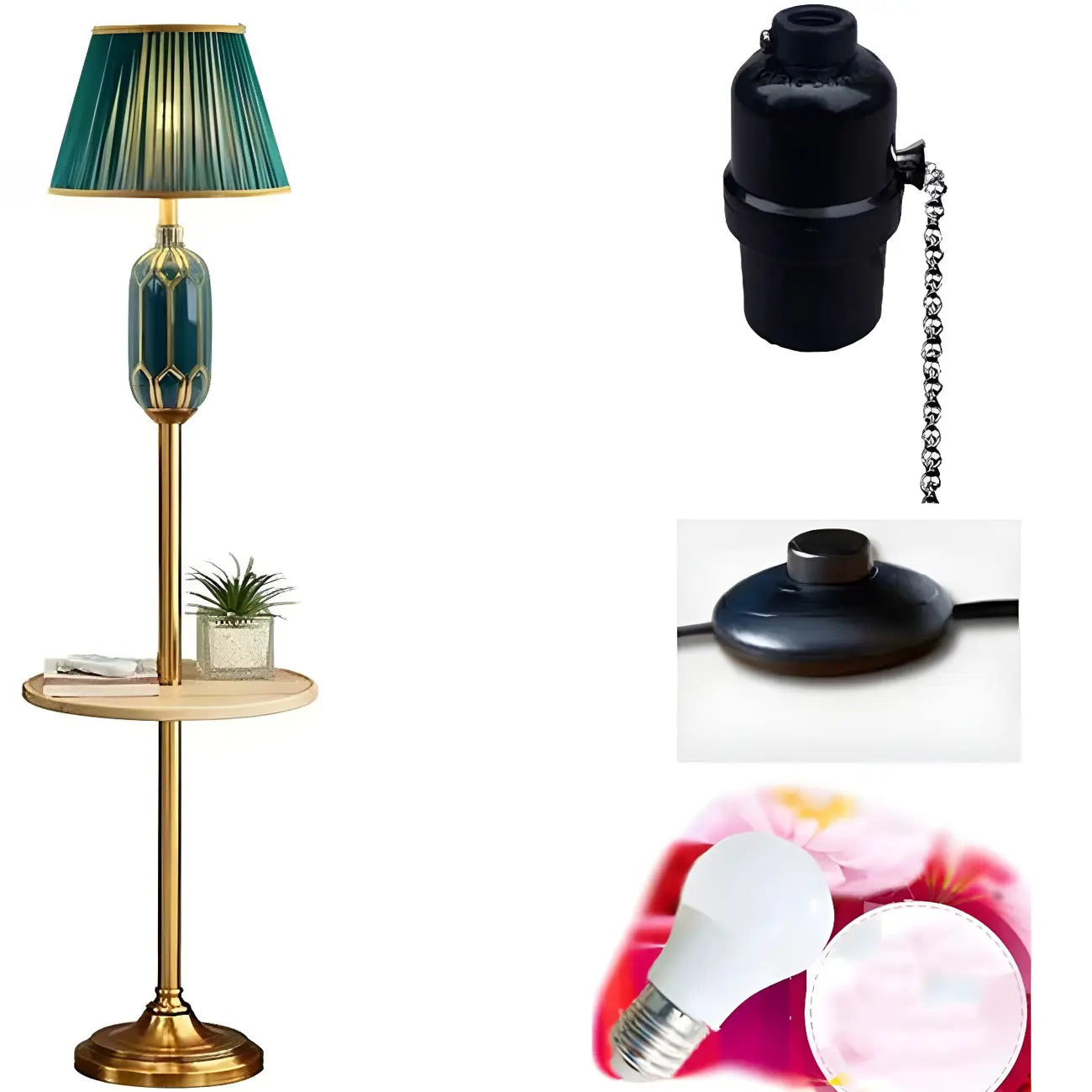 Lampadaire vertical luxueux en tissu vert plissé avec étagère