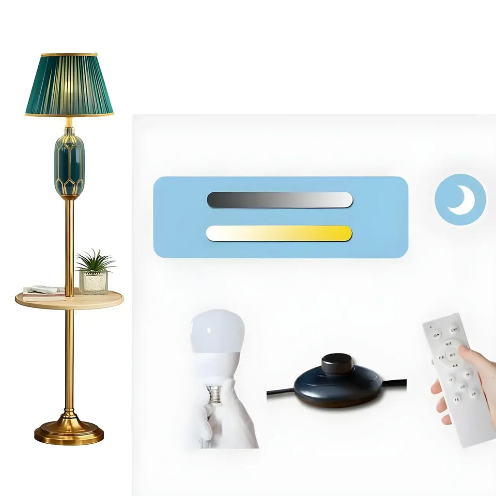 Lampadaire vertical luxueux en tissu vert plissé avec étagère