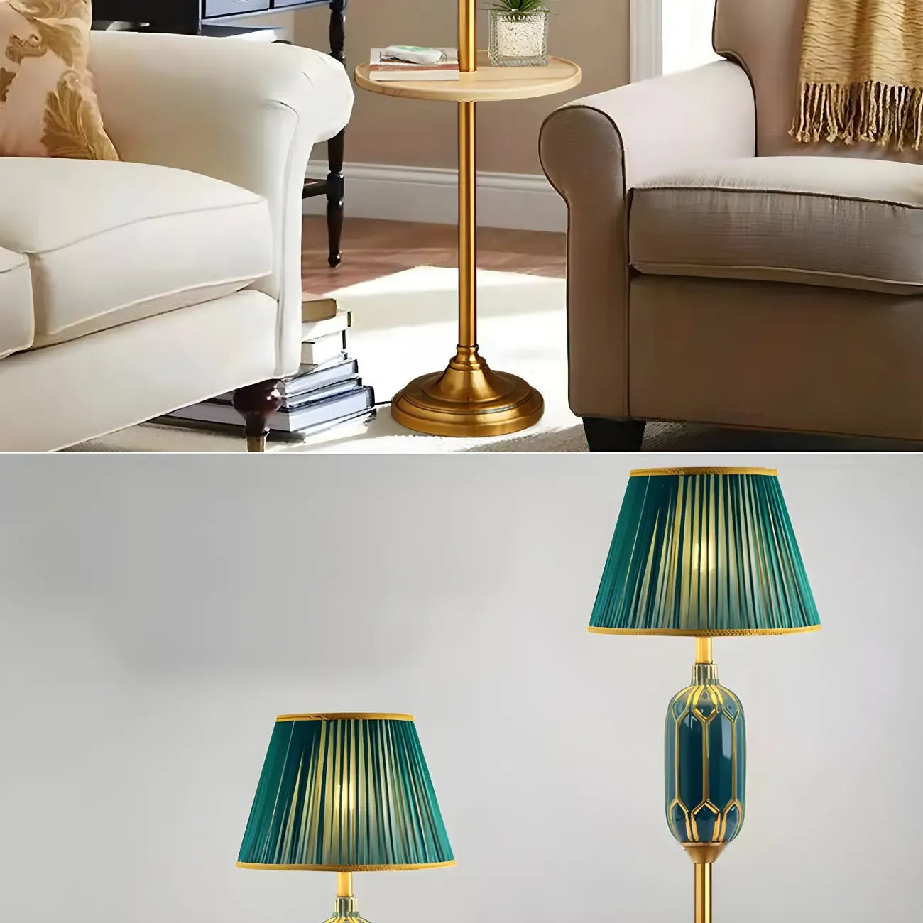 Lampadaire vertical luxueux en tissu vert plissé avec étagère
