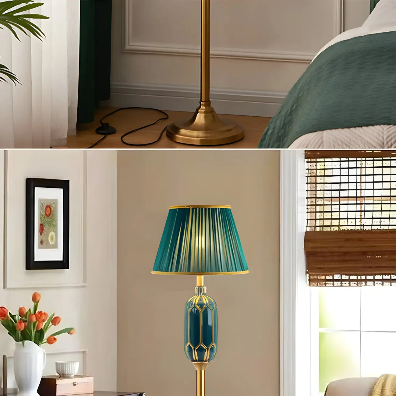 Lampadaire vertical luxueux en tissu vert plissé avec étagère