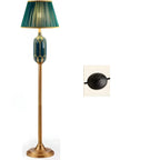 Lampadaire vertical luxueux en tissu vert plissé avec étagère