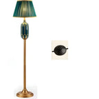 Lampadaire vertical luxueux en tissu vert plissé avec étagère