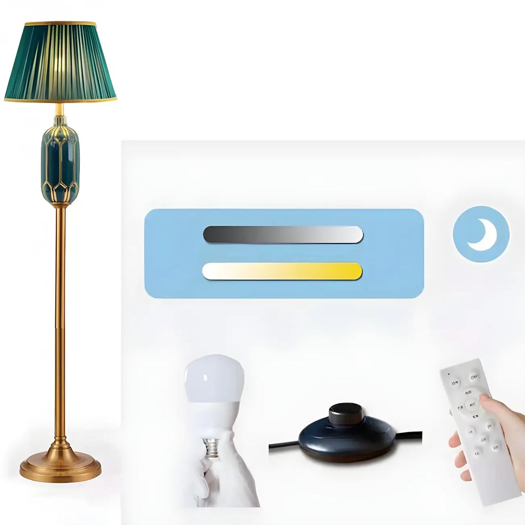 Lampadaire vertical luxueux en tissu vert plissé avec étagère
