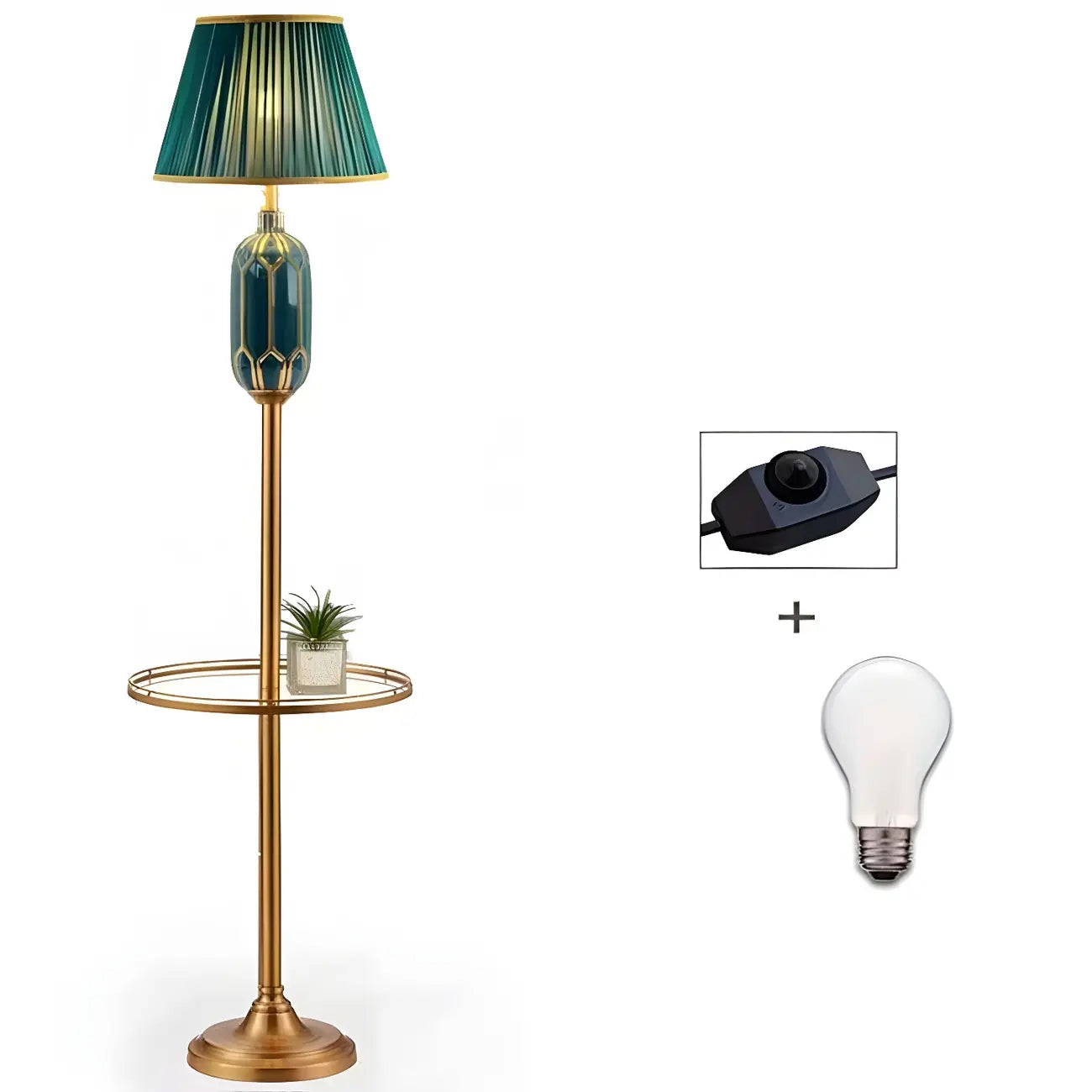 Lampadaire vertical luxueux en tissu vert plissé avec étagère