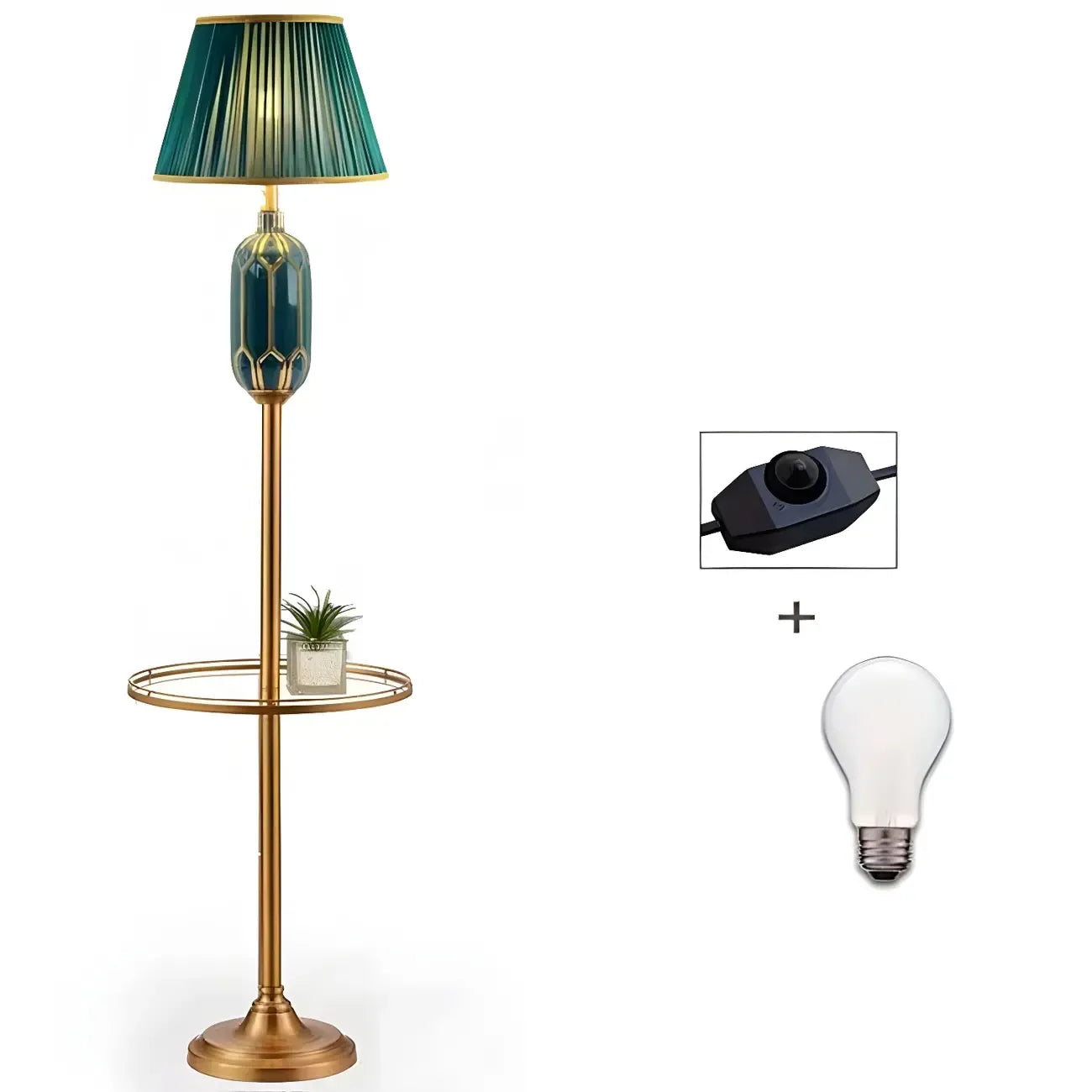 Lampadaire vertical luxueux en tissu vert plissé avec étagère