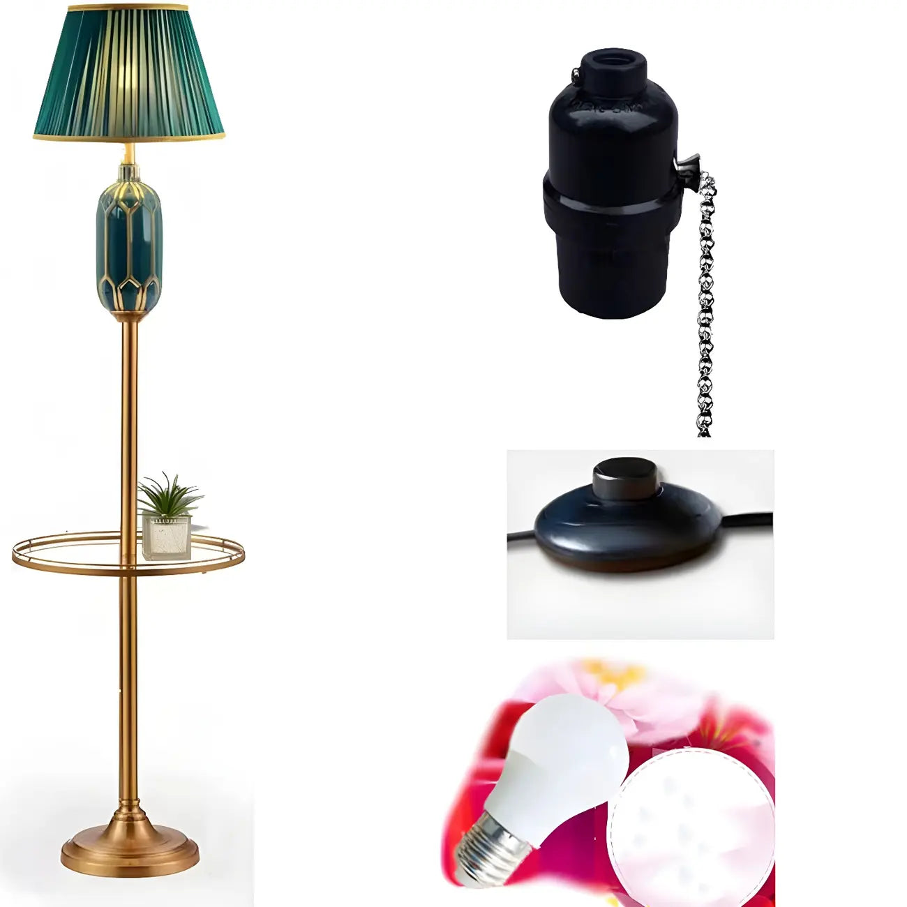 Lampadaire vertical luxueux en tissu vert plissé avec étagère