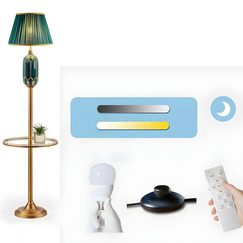 Lampadaire vertical luxueux en tissu vert plissé avec étagère