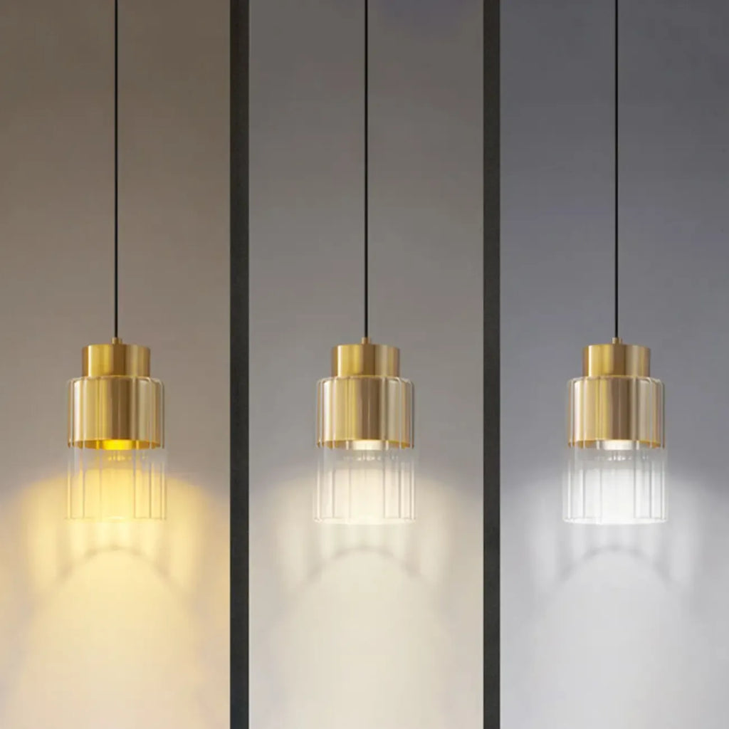 Suspension minimaliste cylindrique en laiton et verre transparent