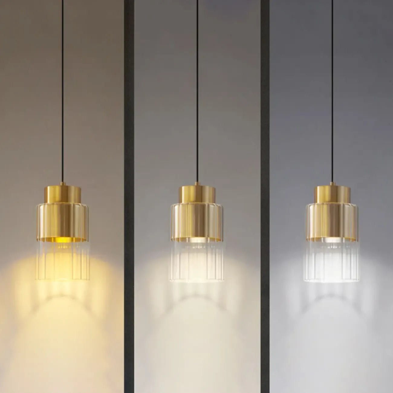 Suspension minimaliste cylindrique en laiton et verre transparent