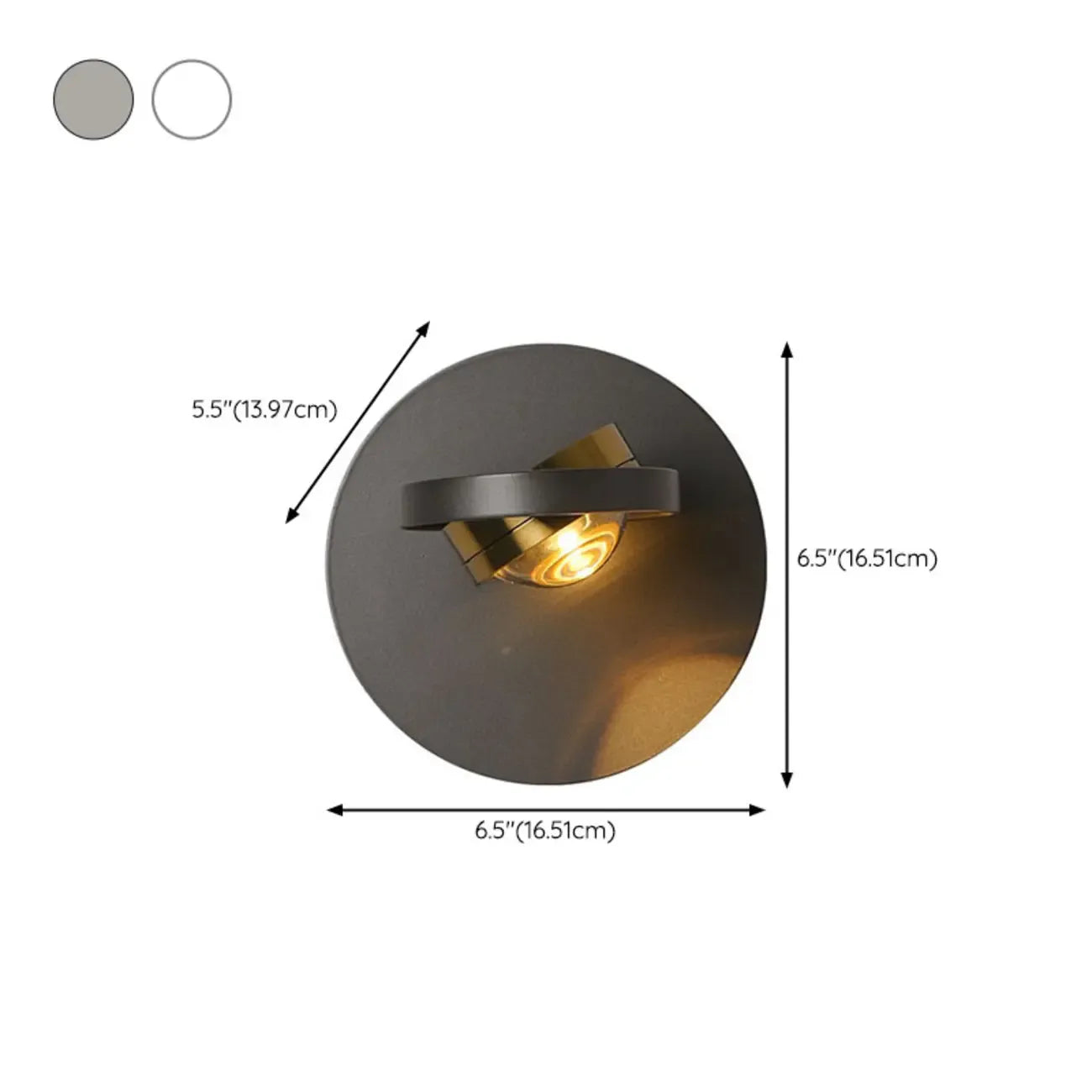 Lampada da parete rotonda in metallo con vetro trasparente e rotazione a 360°
