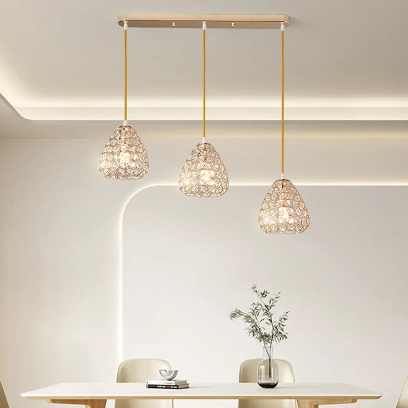 Suspension moderne à 3 lumières en chrome et cristal pour îlot de cuisine