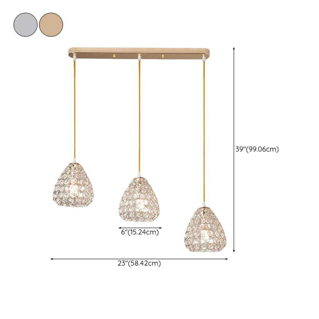 Suspension moderne à 3 lumières en chrome et cristal pour îlot de cuisine