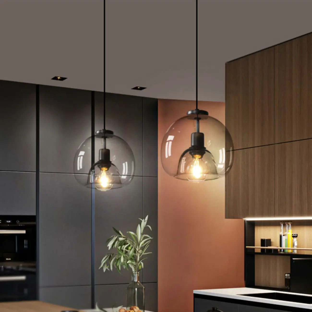 Suspension moderne en verre noir globe pour îlot de cuisine