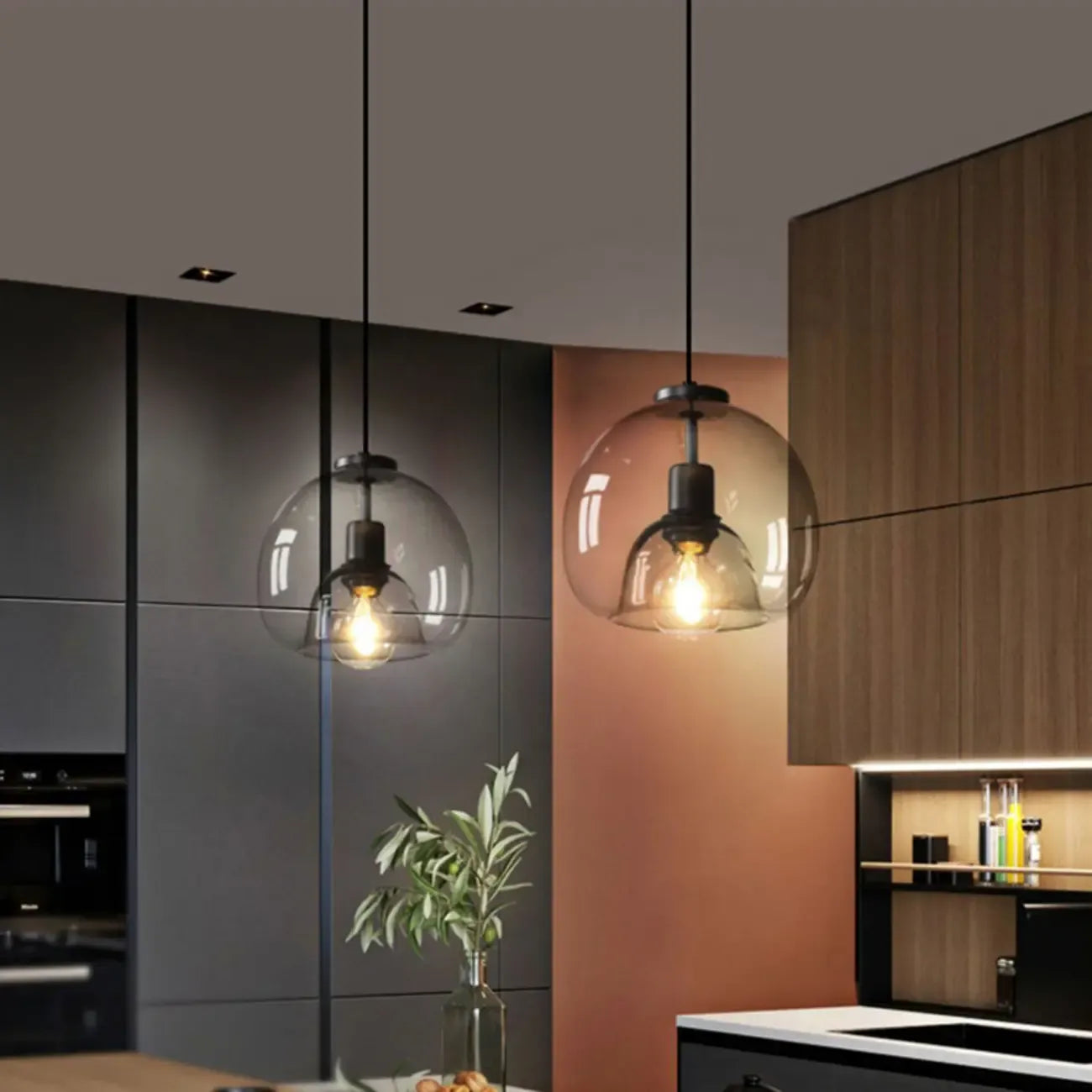 Suspension moderne en verre noir globe pour îlot de cuisine