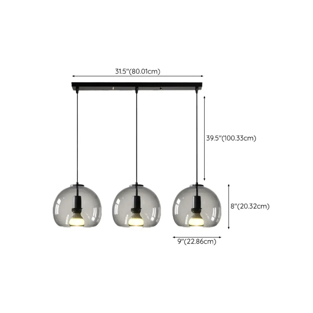 Suspension moderne en verre noir globe pour îlot de cuisine