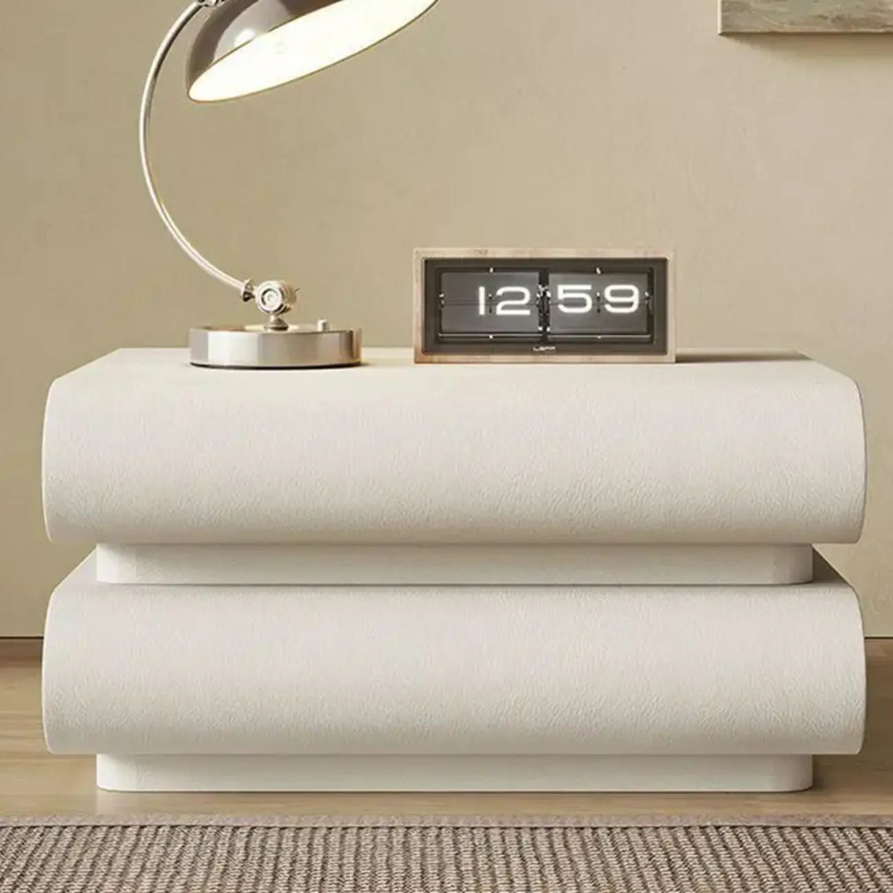 Table de chevet moderne en pin blanc et cuir à 2 tiroirs