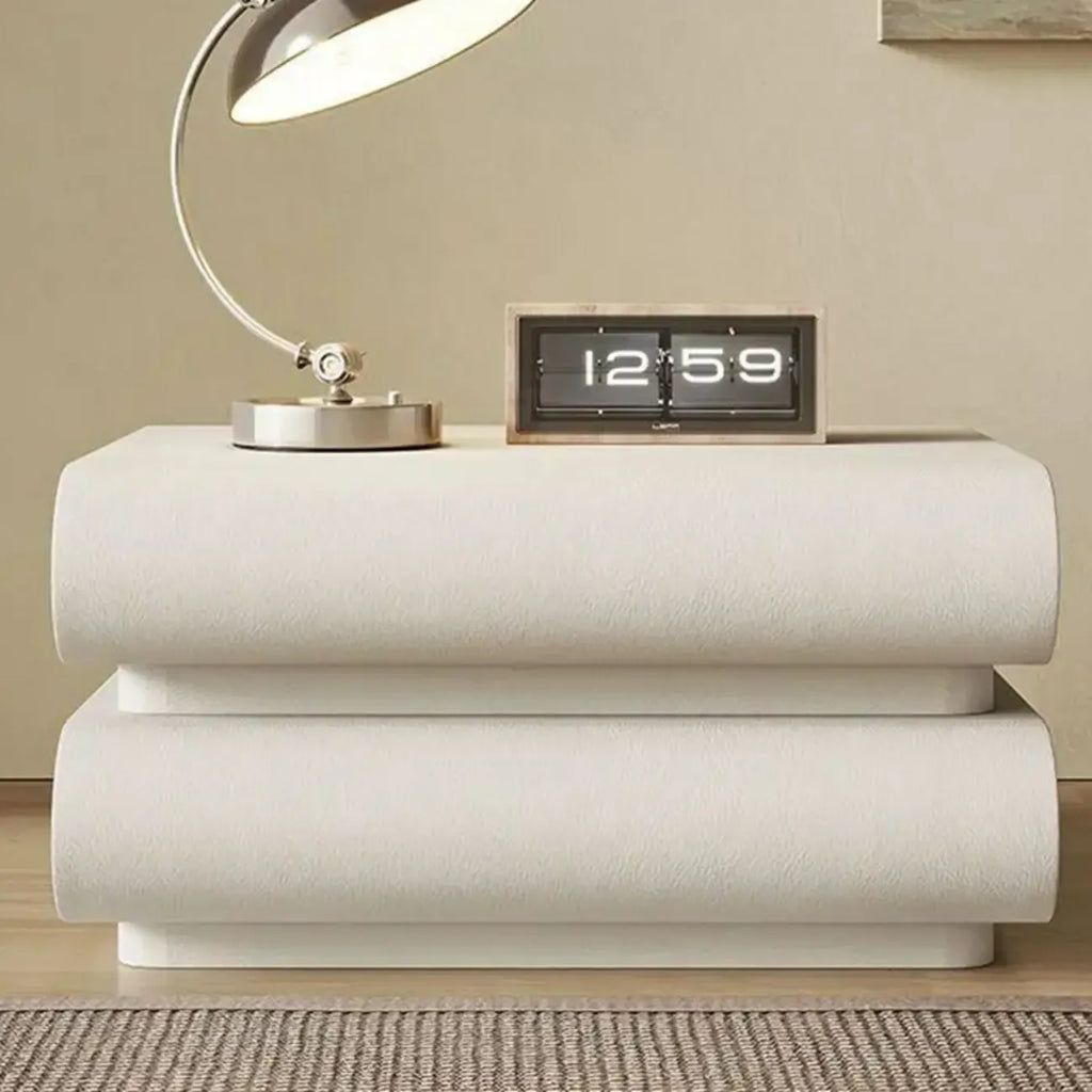 Table de chevet moderne en pin blanc et cuir à 2 tiroirs
