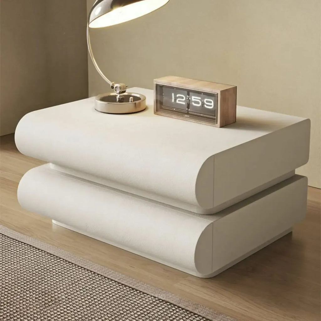 Table de chevet moderne en pin blanc et cuir à 2 tiroirs