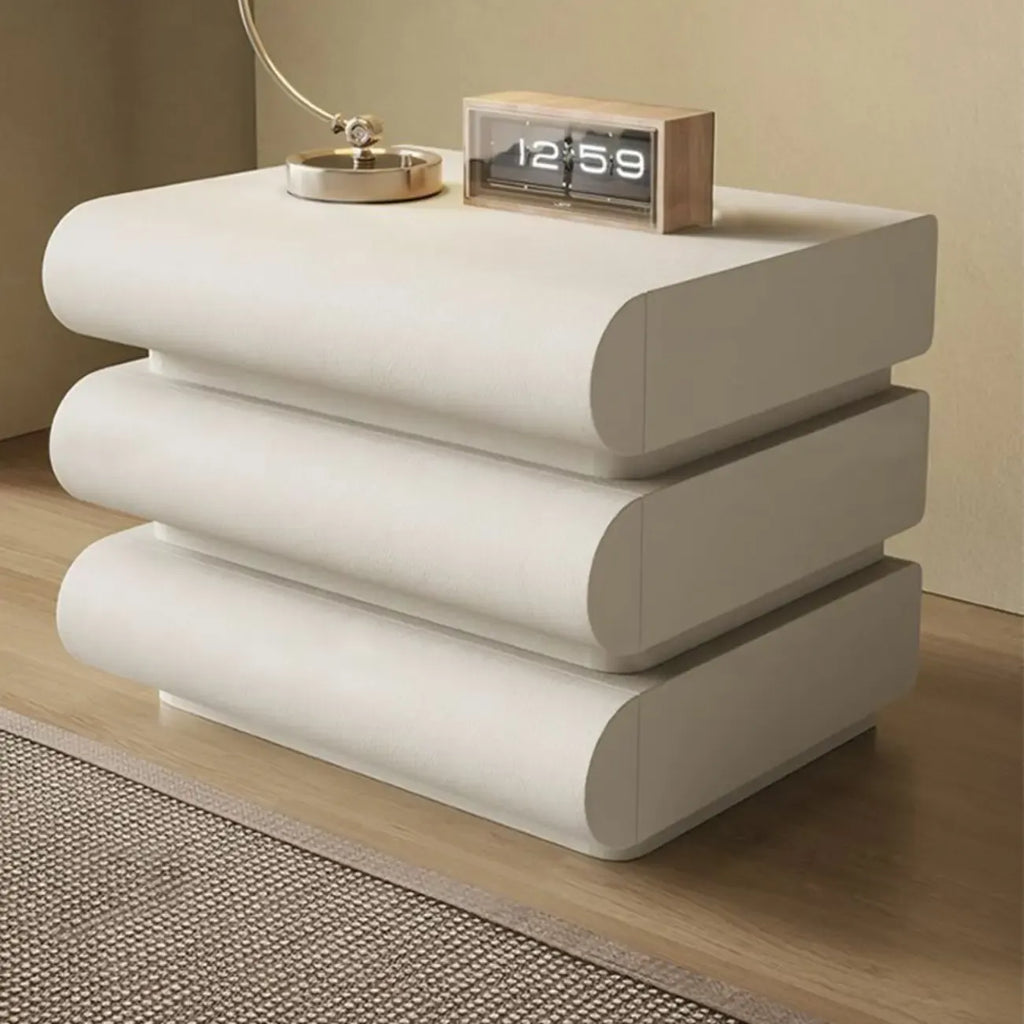Table de chevet moderne en pin blanc et cuir à 2 tiroirs
