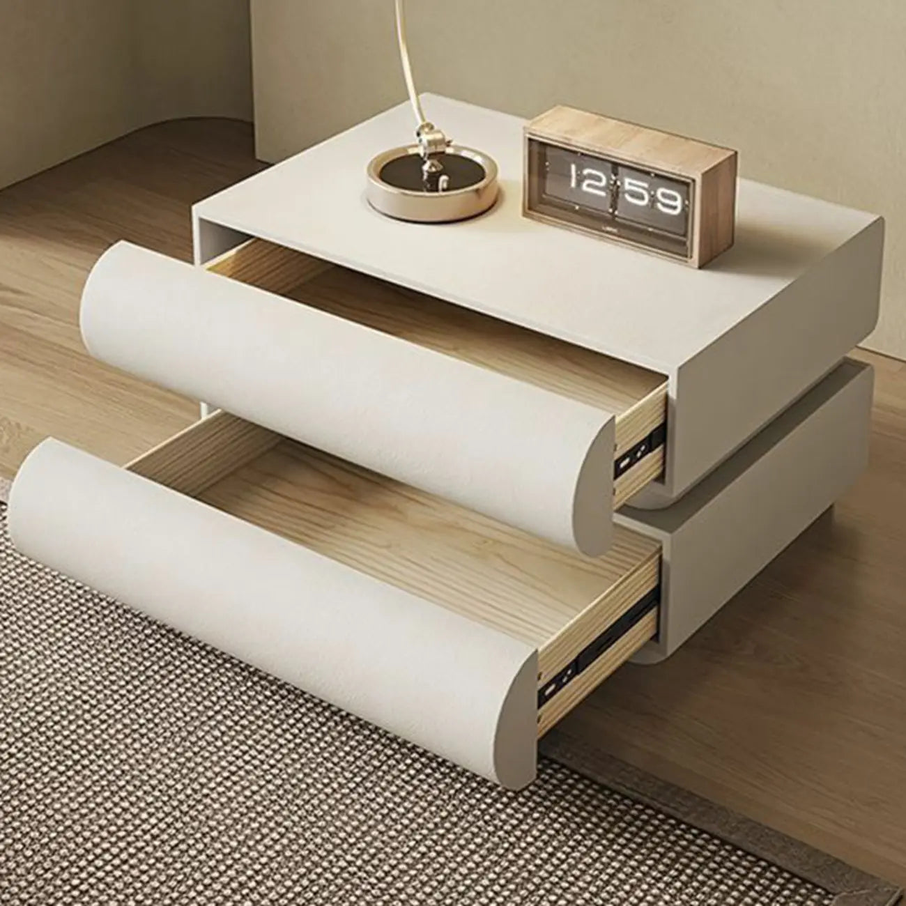 Table de chevet moderne en pin blanc et cuir à 2 tiroirs