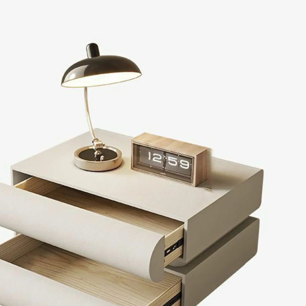 Table de chevet moderne en pin blanc et cuir à 2 tiroirs