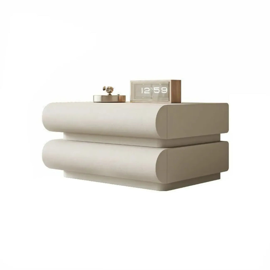 Table de chevet moderne en pin blanc et cuir à 2 tiroirs