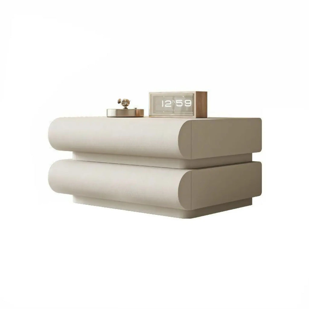 Table de chevet moderne en pin blanc et cuir à 2 tiroirs
