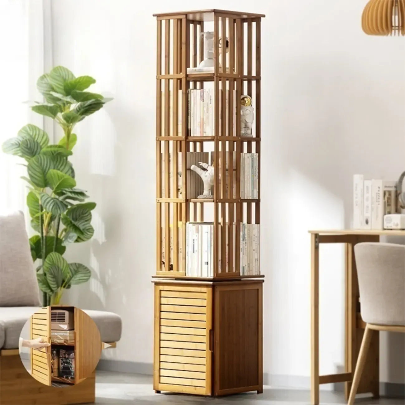 Bibliothèque d'angle étroite carrée en bois marron