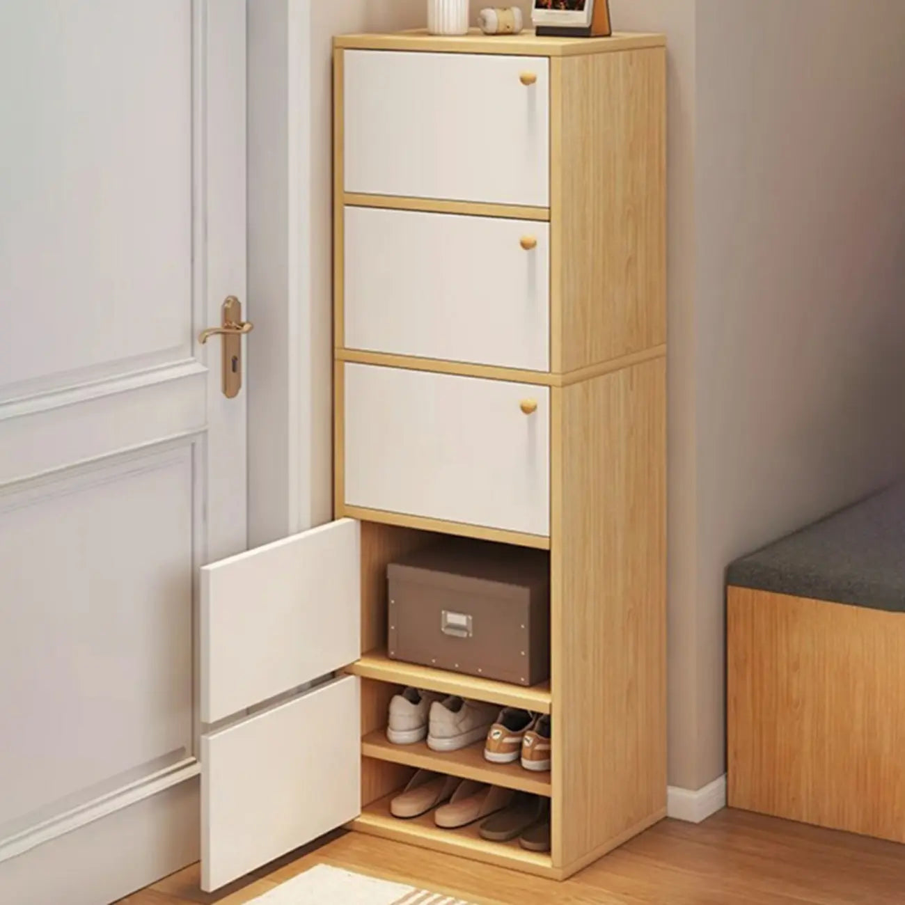 Meuble à chaussures d'entrée moderne en chêne à 5 niveaux avec portes