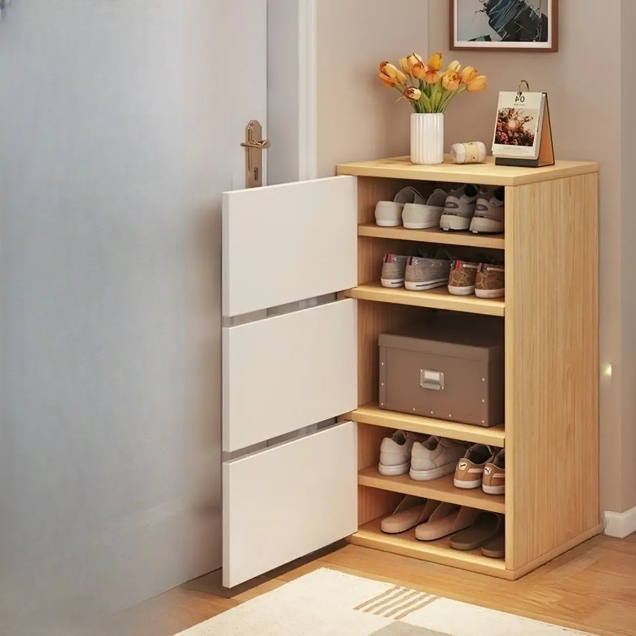 Meuble à chaussures d'entrée moderne en chêne à 5 niveaux avec portes