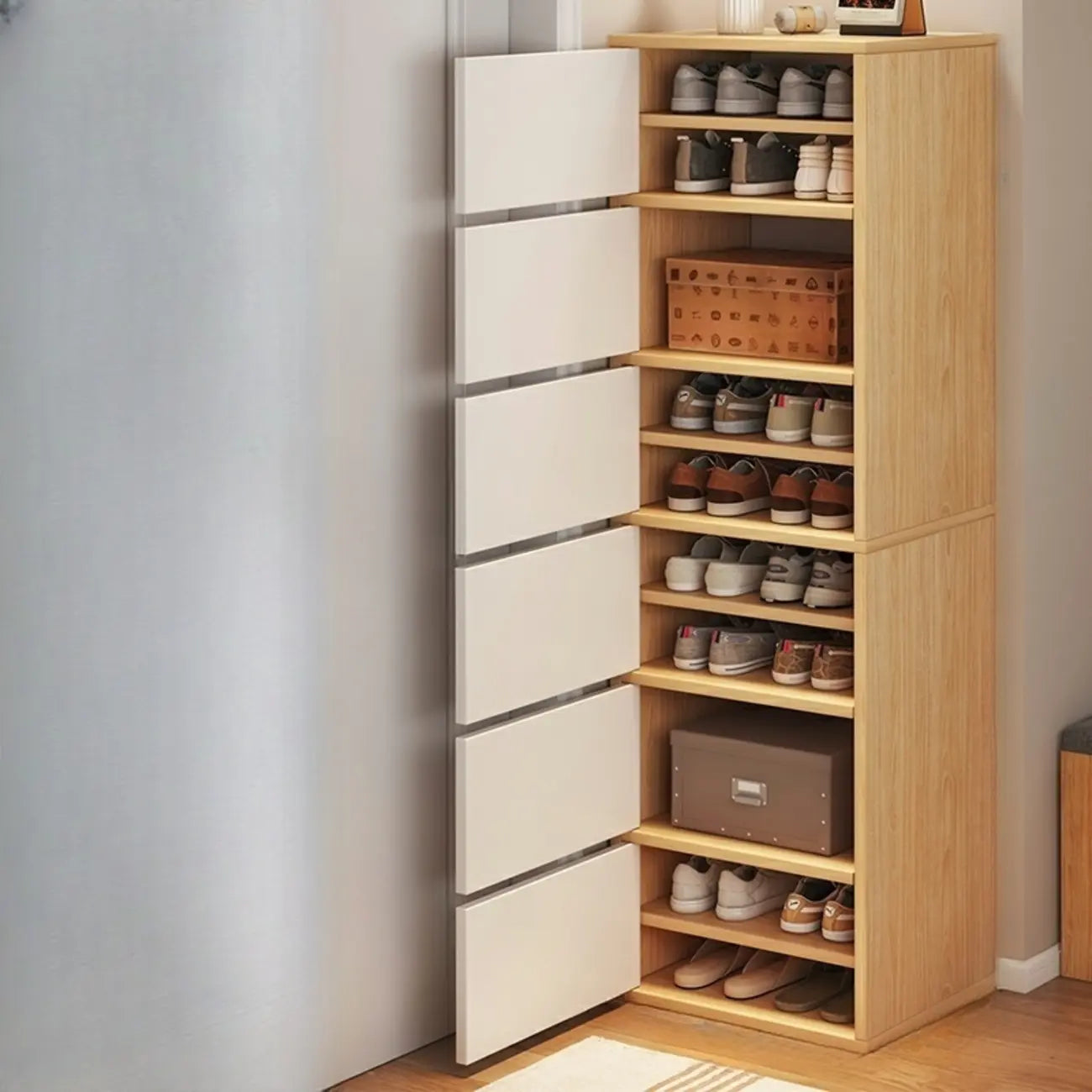 Meuble à chaussures d'entrée moderne en chêne à 5 niveaux avec portes