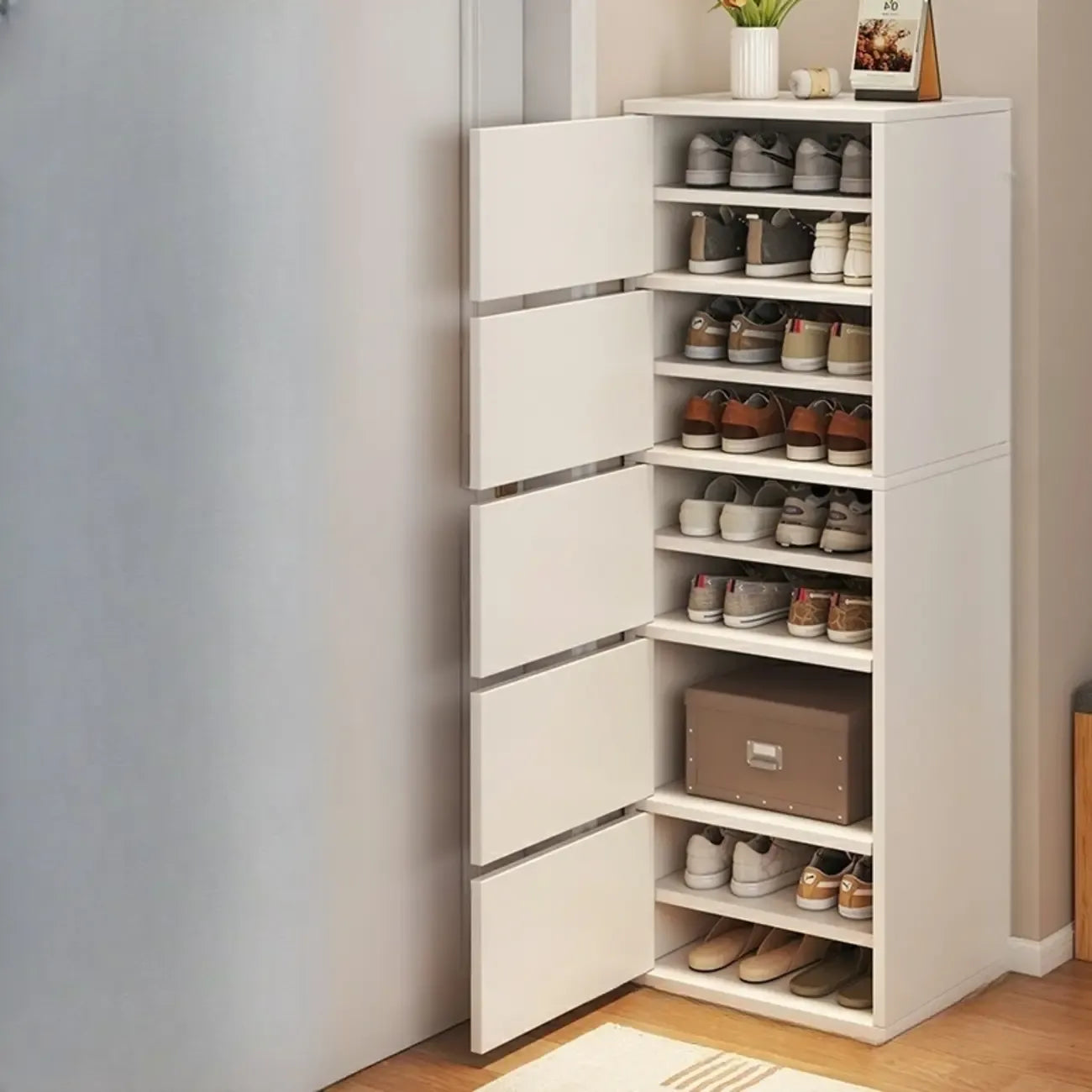 Meuble à chaussures d'entrée moderne en chêne à 5 niveaux avec portes