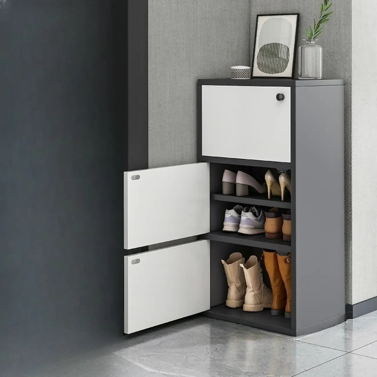 Meuble à chaussures d'entrée moderne en chêne à 5 niveaux avec portes