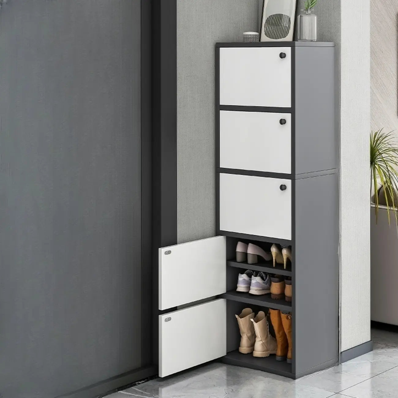 Meuble à chaussures d'entrée moderne en chêne à 5 niveaux avec portes