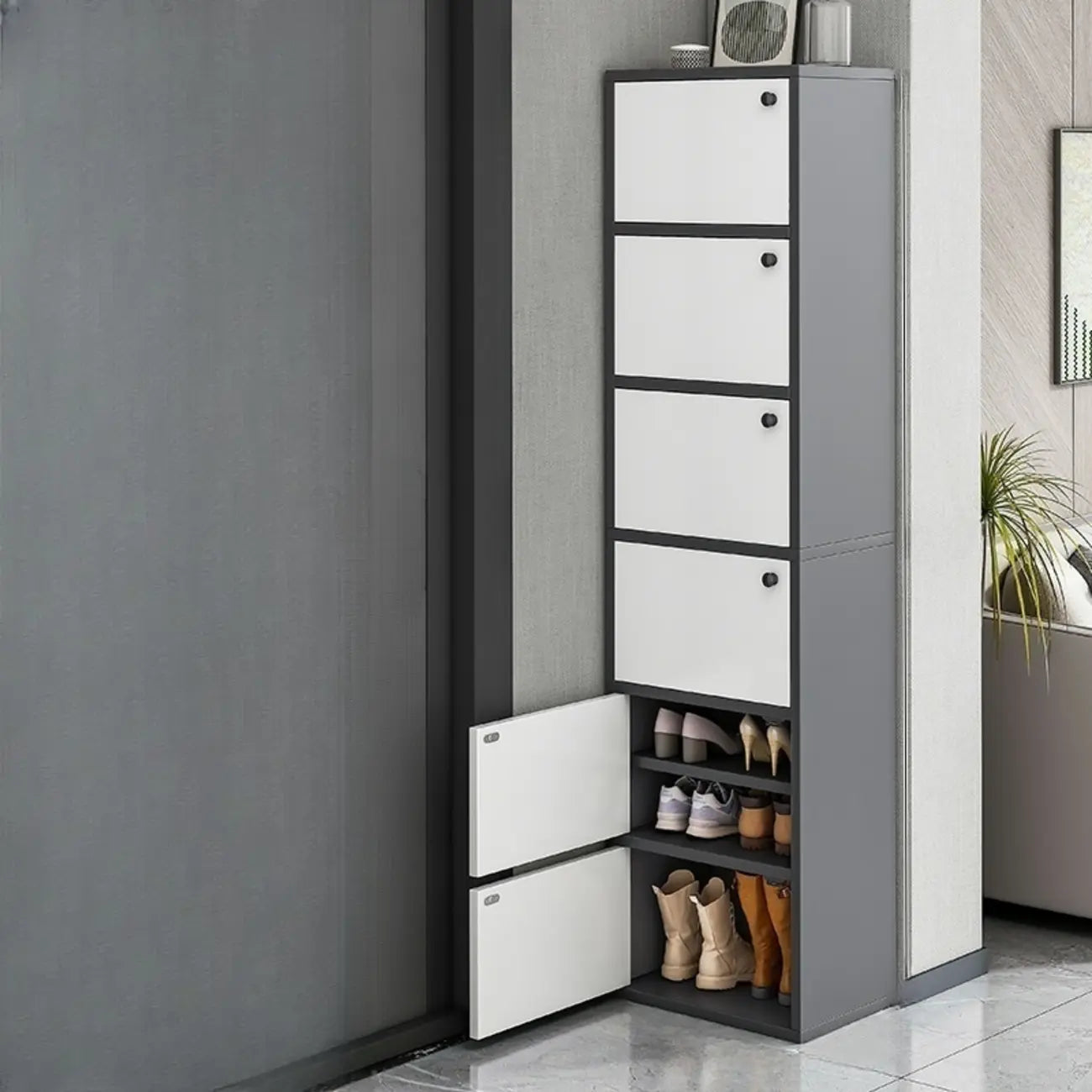 Meuble à chaussures d'entrée moderne en chêne à 5 niveaux avec portes