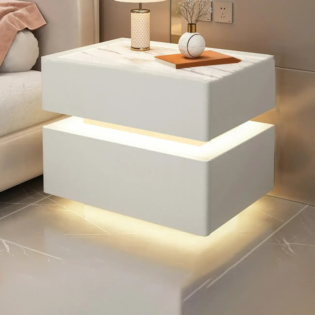 Table de chevet suspendue en bois blanc à 2 niveaux avec tiroir et éclairage LED