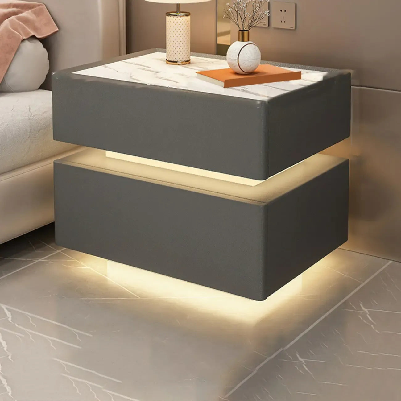 Table de chevet suspendue en bois blanc à 2 niveaux avec tiroir et éclairage LED