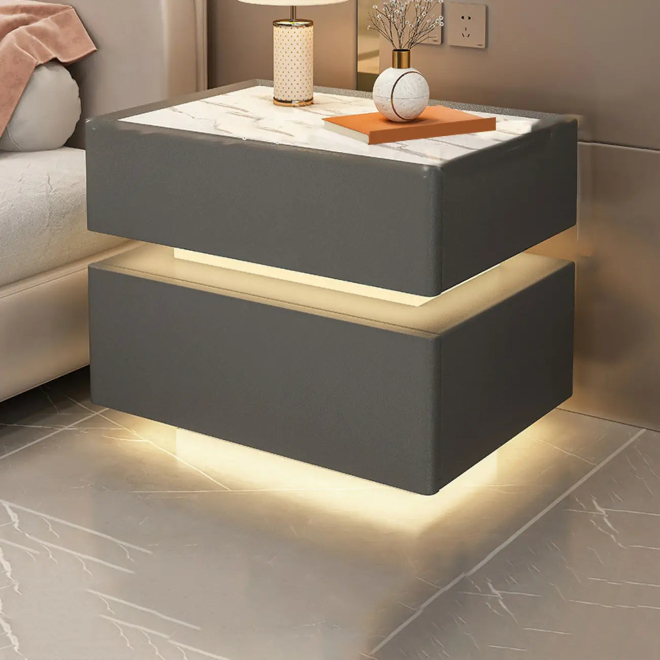 Table de chevet suspendue en bois blanc à 2 niveaux avec tiroir et éclairage LED
