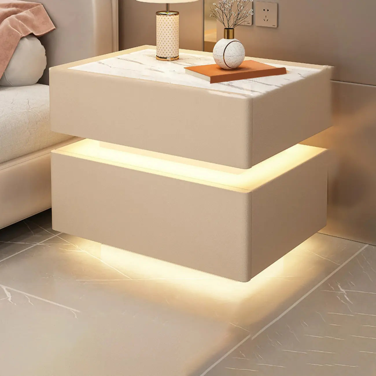 Table de chevet suspendue en bois blanc à 2 niveaux avec tiroir et éclairage LED
