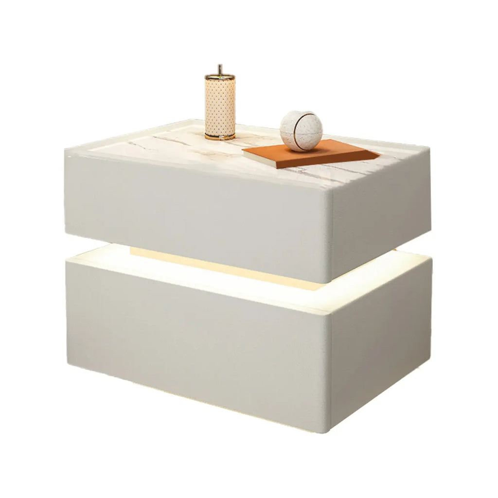 Table de chevet suspendue en bois blanc à 2 niveaux avec tiroir et éclairage LED