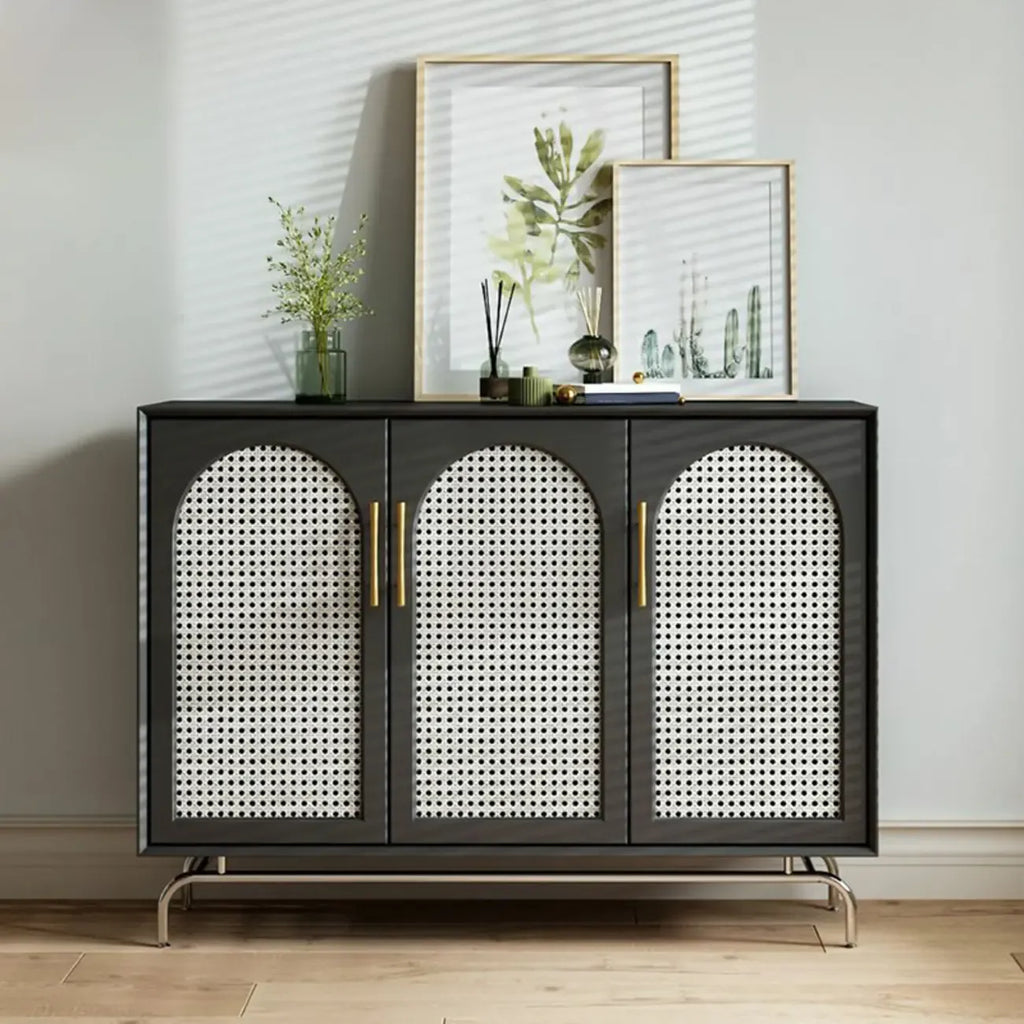 Meuble de rangement moderne à façade en bois noir tressé pour salon